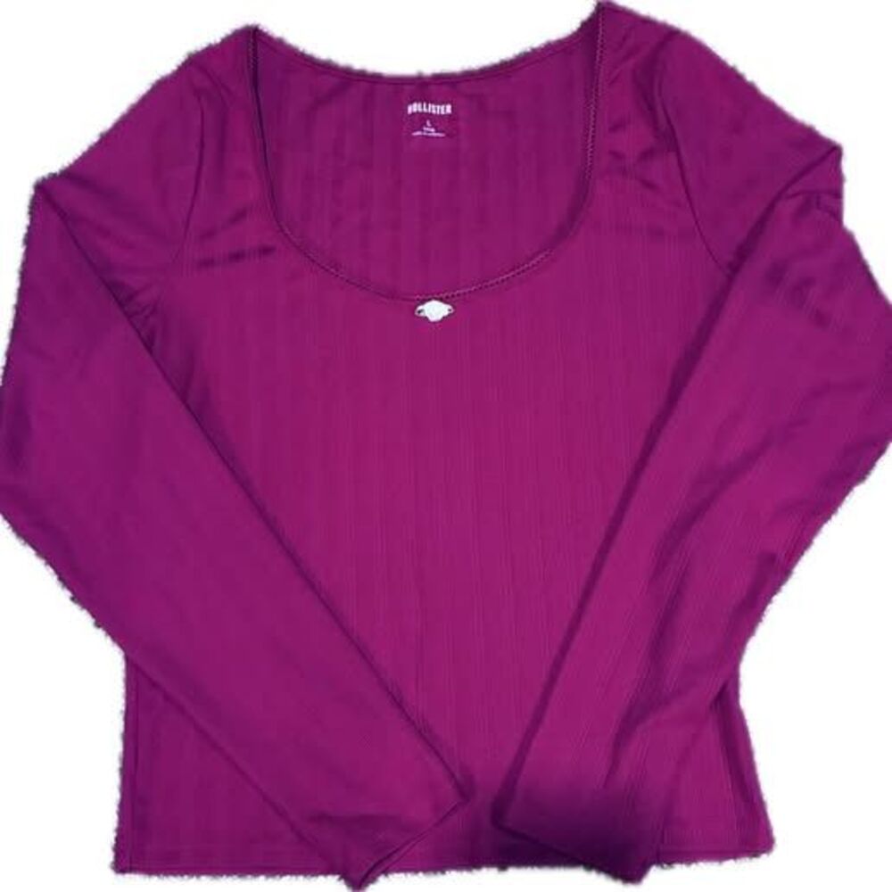 Hollister Ribbed Long Sleeve Top Red Scoop Neck Size L